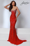 Johnathan Kayne 3245 in Red with cascading crystal scallop beadwork and strapless sweetheart neckline.