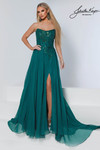 Johnathan Kayne 3256 in Emerald with a strapless scoop neckline, sequin lace corset bodice, and flowing chiffon skirt.