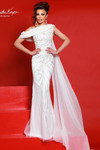 Johnathan Kayne 3260 in White with swirling beadwork and detachable shoulder drape cape.
