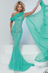 Johnathan Kayne 3260 in Aqua with crystal beadwork and dramatic flowing chiffon cape.