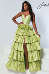 Johnathan Kayne 3263 in Green Apple with spaghetti straps and layered taffeta ruffles.