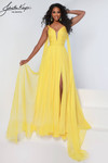 Johnathan Kayne 3264 in Canary Yellow with ruched bodice and thigh-high slit.