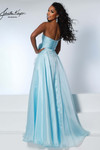 Johnathan Kayne 3267 in Ice Blue with a one-shoulder neckline, floral accents, and cascading ruffle slit.