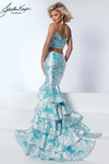 Johnathan Kayne 3274 in Metallic Blue with sweetheart crop top and cascading tiered slit.