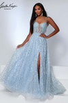 Johnathan Kayne 3277 in Ice Blue with sequin mesh, corset bodice, and side slit.