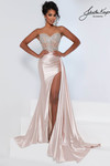 Johnathan Kayne 3280 in Champagne with a beaded corset bodice and thigh-high slit.