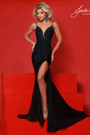 Johnathan Kayne 3288 in Black with illusion mesh sides and dramatic high slit.
