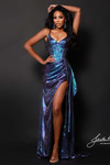 Johnathan Kayne 3289 in Iridescent Purple with a corset bodice and high slit.