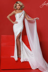 Johnathan Kayne 3292 in White with crystal-lined slit and flowing wristlet cape.