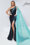 Johnathan Kayne 3292 in Navy-Aqua with crystal embellishments and flowing chiffon cape.
