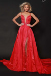 Johnathan Kayne 3293 in Watermelon with a thigh-high slit and spaghetti straps.