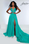 Johnathan Kayne 3293 in Teal with iridescent satin fabric and a plunging neckline.