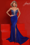 Johnathan Kayne 3297 in Indigo with exposed boning bodice and thigh-high slit.