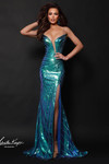 Johnathan Kayne 3308 in Mermaid Blue with sculpted bodice and beaded iridescent pattern.