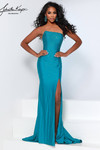 Johnathan Kayne 3314 in Teal with pearl and crystal beading and asymmetrical strapless neckline.