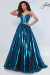 Johnathan Kayne 3315 in Capri Blue with beaded corset bodice and voluminous metallic skirt.