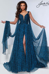 Johnathan Kayne 3318 in Blue Leopard with printed poly chiffon and statement cape design.