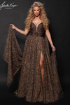Johnathan Kayne 3318 in Leopard with a plunging neckline, ruched waist, and flowing chiffon cape.