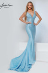 Johnathan Kayne 9213 in Ice Blue with all-over crystal beading and plunging V-neckline.