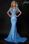 Johnathan Kayne 2933 in Porcelain Blue with cap sleeve drip beading and illusion neckline.