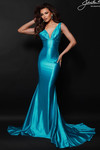 Johnathan Kayne 3039 in Peacock with plunging V-neckline and shiny stretch lycra.