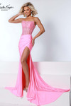 Johnathan Kayne 3107 in Bubblegum with crystal-studded corset bodice and high slit.