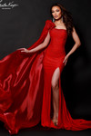 Johnathan Kayne 3121 in Cherry with rhinestone beadwork and flowing mirror organza cape.