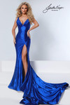 Johnathan Kayne 3144 in Royal Blue with all-over beading and thigh-high slit.