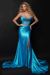 Johnathan Kayne 3203 in Aqua with crystal corset bodice and thigh-high slit.