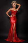 Johnathan Kayne 3204 in Red with ruched crop top, rose detail, sweetheart neckline, and thigh-high slit.