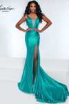 Johnathan Kayne 3207 in Teal with crystal plunging neckline, corset bodice, and thigh-high slit.