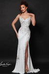 Johnathan Kayne 3208 in White with intricate crystal beadwork and fitted silhouette.