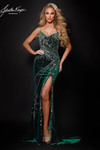 Johnathan Kayne 3208 in Emerald with beaded stretch velvet and thigh-high slit.