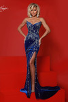 Johnathan Kayne 3208 in Royal Blue with crystal vine detailing and strapless cat-eye neckline.