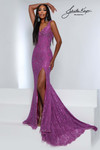 Johnathan Kayne 3209 in Purple with beaded stretch lace, V-neckline, and thigh-high slit.