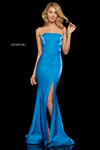 Sherri Hill 52961 in Teal with a strapless neckline and mermaid train.