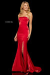 Sherri Hill 52961 in Red with a strapless bodice and high slit.