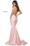 Sherri Hill 53879 in Blush featuring strappy back detail and sweep train.