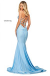 Sherri Hill 53879 in Light Blue showing open strappy back and lower back ruching.