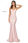 Sherri Hill 53879 in Blush with a fitted bodice and flared hemline.