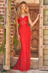 Sherri Hill 54227 in Red with embroidered lace and strapless sweetheart neckline.