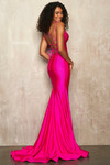 Sherri Hill 54228 in Bright Fuchsia showing open lace-up back and sweep train.