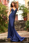 Sherri Hill 54228 in Navy with all-over rhinestones and V-neckline.