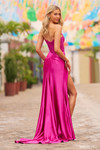 Sherri Hill 55419 in Magenta showing mid-open back and sweep train.