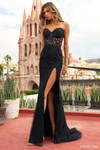 Sherri Hill 55467 in Black with leaf lace embroidery and sheer corset bodice.