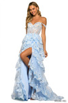 Sherri Hill 55500 in Light Blue with tiered sequin ruffles and fitted bodice.