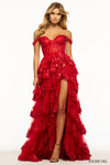 Sherri Hill 55500 in Red with sequin tulle tiered ruffles and off-the-shoulder straps.