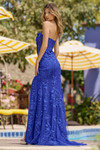 Sherri Hill 55832 in Royal Blue showing straight across back and sweep train.