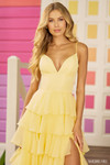 Sherri Hill 56108 in Yellow close-up of taffeta bodice and spaghetti straps.