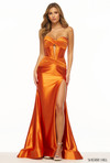 Sherri Hill 56161 in Orange with fitted silhouette and ruched skirt.